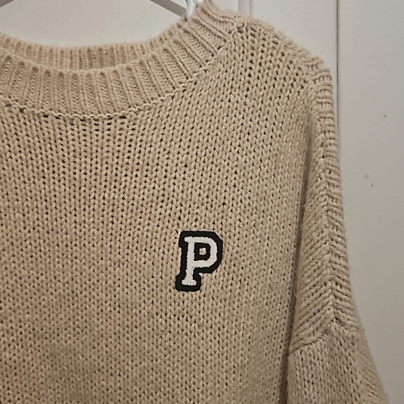 Victoria's Secret PINK Boyfriend Crewneck Cozy Knit Sweater Oatmeal/ L - Picture 3 of 10